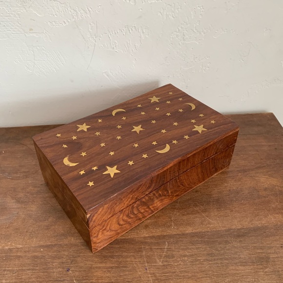 Celestial Stars and Moon Brass Inlay Jewelry Storage Box - Picture 1 of 11